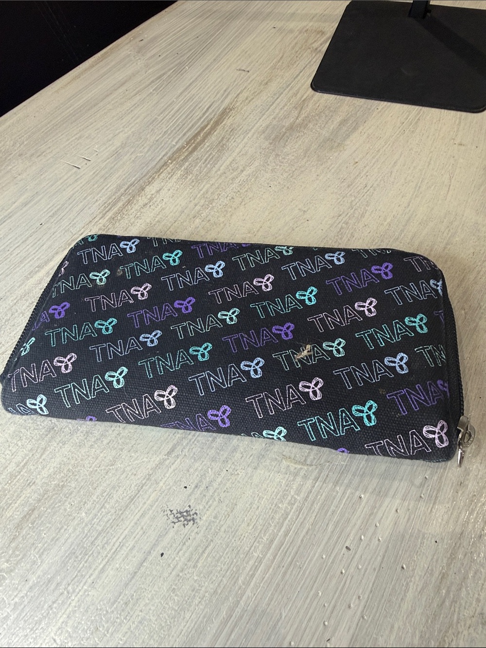 TNA Black Zip-Around Wallet with Teal, Purple & Light Pink Logo Print
